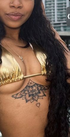 Chest Tat Black Women, Tattoo Ideas Female Chest Middle, Upper Inner Arm Tattoos For Black Women, Tattoos You Can Hide From Parents, Tattoo Ideas Female Shoulder Black Women, Lower Leg Tattoos Black Women, Tattoo Under Bum Cheek Black Women, Chest Tattoos Black Women, Pretty Tattoos For Women Back