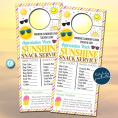 two sunshine snack service cards with sunglasses on them and the words appreciation week written below