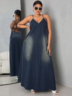 Plus Size Ladies' Loose Denim Cami Dress Medium Wash Casual  Sleeveless Denim Plain Cami Non-Stretch  Women Plus Clothing, size features are:Bust: ,Length: ,Sleeve Length: Simple Dress Casual, Plus Size Summer Dresses, Cute Casual Dresses, Denim Maxi Dress, Denim Overall Dress, Denim Skirt Women, African Design Dresses, Fashion Hacks Clothes, Casual Summer Dresses