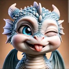 a close up of a toy dragon with blue eyes