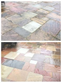 before and after pictures of an outdoor patio with stone pavers laid on the ground