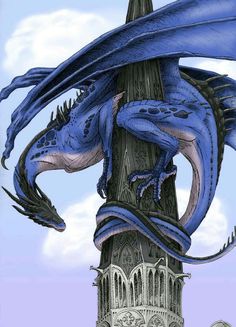 a blue dragon sitting on top of a tall tower