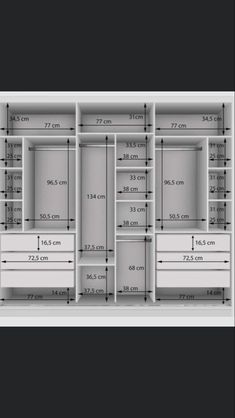 an image of a closet with measurements for the doors and drawers on it's sides