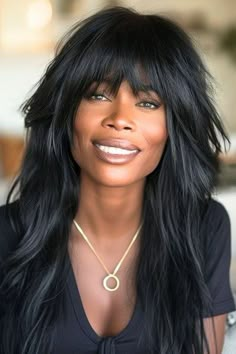 34 Long Shag Hairstyles That Embrace Boho Beauty - The Hairstyle Edit Medium Black Hair With Bangs, Choppy Layers For Long Hair Straight, Hair Cuts For Straight Hair Women, Long Bangs With Layers, Modern Shag With Bangs, Long Hair Wolf Cut With Bangs, Long Hair With Side Swept Bangs, Medium Length Wolf Cut With Bangs, Long Hair Bangs Layers