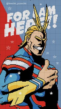 an image of the hero man in cross stitch pattern on a blue and red background