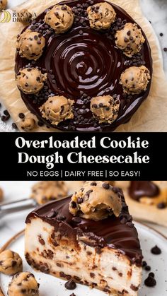 an oreo cookie dough and chocolate cheesecake on a plate with the title overlay