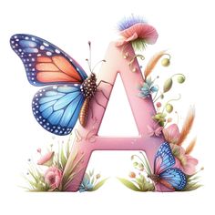 the letter a with butterflies and flowers around it is painted in pastel pink, blue and orange