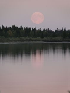 the full moon is setting over a lake with trees in the background and water reflecting it's surface