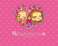 two cartoon animals sitting next to each other on a pink background with roses and hearts