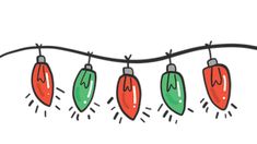 christmas lights hanging on a line with one red and one green light in the middle