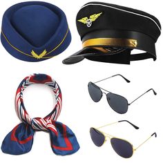 PRICES MAY VARY. What you get: you will get Captain Pilot Hat ,a pair of Captain sunglasses,a Stewardess Scarf ,a flight attendant hat and and a pair of Stewardess sunglasses that are suitable for cosplay parties and they can make you a cool handsome Pilot or a Stewardess with these simple ornament. Reliable materials:The Pilot captain hat is made of polyester and cotton, lightweight, breathable and washable; Soft and skin-friendly .the Flight Attendant Hat is made of woolen; Super soft texture Stewardess Costume, Pilot Costume, Halloween Masquerade, Fancy Party, Blue Hat, Cosplay Dress, Red Hats, Estilo Boho, Costume Party