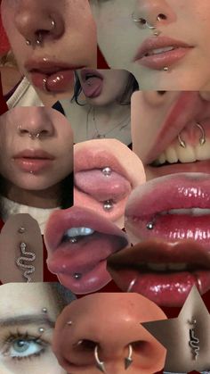 multiple images of different types of lips and nose piercings on the same person's face