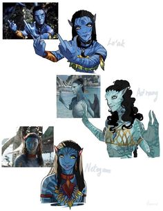 avatars from avatar comics are shown in three different poses, one is blue and the other has black hair