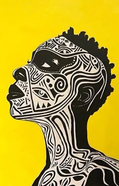 a black and white drawing of a woman's face on a yellow background with swirls