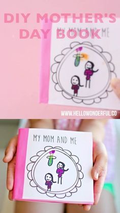 the mother's day book is being held in her hands with two pictures on it