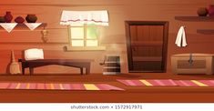 an illustration of a room with wooden walls and flooring in the shape of a cabin