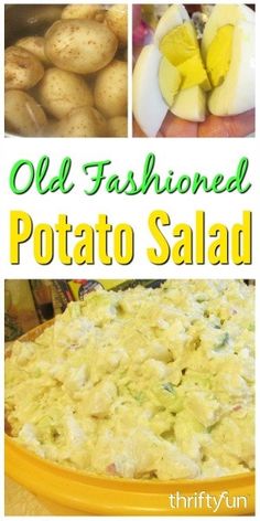 an old fashioned potato salad is shown in this collage