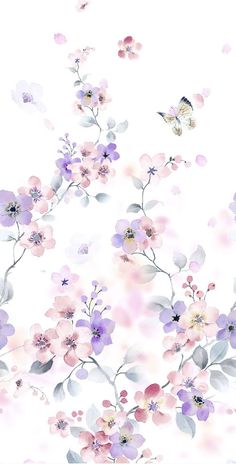 an artistic painting of flowers and butterflies on a white background with watercolor paint effect