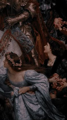 a painting of two women sitting next to each other with flowers in their hair and one woman wearing a blue dress