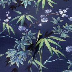 a blue wallpaper with green leaves and white flowers on the dark blue background,