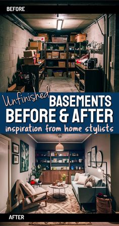 before and after photos of a basement remodel with the words unfinished basements before and after