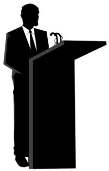 a black and white silhouette of a man at a podium with a hammer in his hand