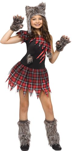 a girl in a costume that is wearing furry boots and holding her hands up to the side