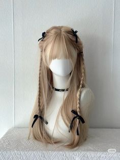 #wig #hair #looks #hairstyle Hair Bows Hairstyles, Long Hair With Ribbon Hairstyles, Hairstyles For Angel Costume, Blonde Hair Accessories, Aesthetic Hair With Bangs, Cool Hairstyles To Try, Two Buns Long Hair, Updo Hairstyles Fancy, Pretty Wig Hairstyles