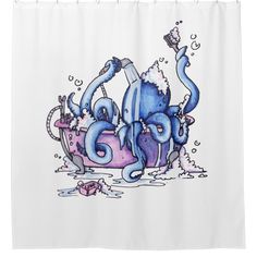 an octopus in a bathtub with bubbles and soap on the floor shower curtain set