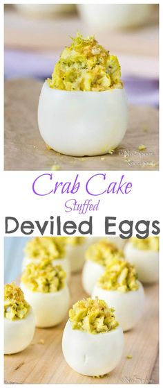 deviled eggs with crumbs in them and the words crab cake stuffed inside