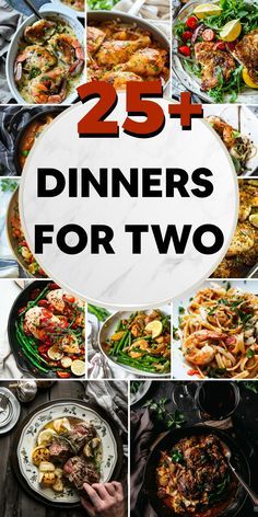 the cover of 25 dinners for two, with pictures of different dishes in them