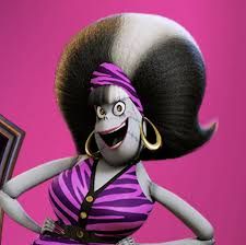 the animated character is holding a laptop in her hand and wearing a purple dress with black stripes