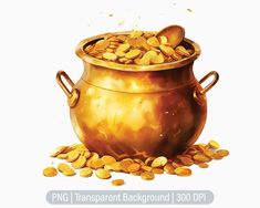 a pot full of gold coins with the words png transparent background 1, 300 dpi