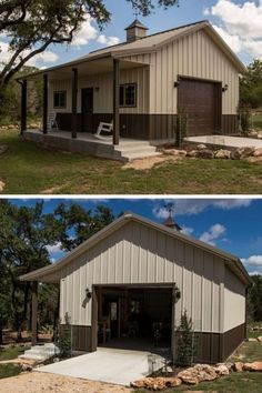 two pictures side by side of a barn and the same one has a covered porch