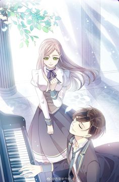 two anime characters are playing the piano together