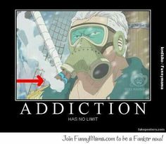 an anime character wearing a gas mask with the caption that reads,'addction has no limit '