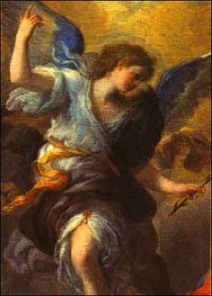 a painting of an angel holding a blue bird