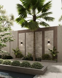 an outdoor garden with palm trees and water feature in the center, surrounded by concrete walls