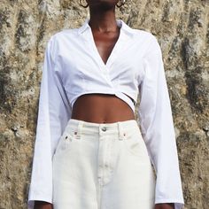 White L/S Crop Top From Motel. V-Neck, Lapel Collar. Tie Around Waist. 100% Cotton. Nwt. Size Xxs. Party Dress Long Sleeve, Bandeau Dress, Cropped Shirt, Body Con Skirt, White Tie, Party Dress Long, Summer Maxi Dress, Crop Shirt, Lapel Collar