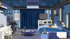 an animated image of a bedroom with cats on the bed and television in the corner