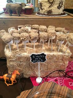 cake pops are arranged in a basket with a chalkboard sign on the top and small horse figurines next to it