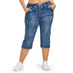 Drawstring Waist Plus Size Ripped Cropped Jeans - Denim Blue - 3769714912 - Original Design-Women's Clothing, Bottoms  #Bottoms #Original #DesignWomen's #Clothing # #Bottoms Jean Summer Outfits, Denim Jeans Women, Ripped Denim Pants, Viking Clothing, Plus Size Denim, Jeans Plus Size, Destroyed Denim, Curvy Jeans, Women's Casual Style