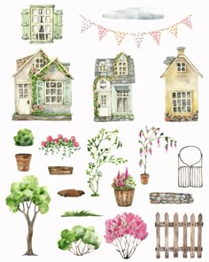 a watercolor drawing of different types of flowers and plants in front of a house