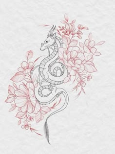 a drawing of a snake with flowers on it's back and the tail curled up