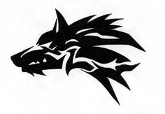 a black and white drawing of a wolf's head with sharp lines on it