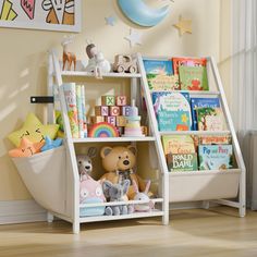 a book shelf with books and stuffed animals on it in a child's room