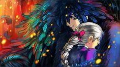 two anime characters hugging each other in front of an orange and blue background with lights