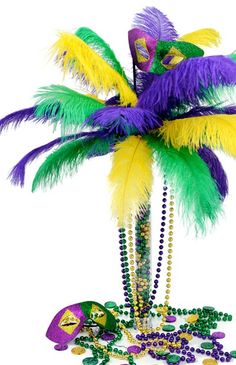 mardi gras decoration with feathers and beads