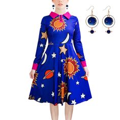 PRICES MAY VARY. Polyester sateen and satin fabrics Dress has peter pan collar and button front placket Elastic back waistband,Buttons at sleeve cuffs All-over print of sun, moon, stars, planets,matcthing with ours science elements earrings you will be popular-known as Magic School teacher. It can be worn to multiple occasions,such as school booking days,school role play,Halloween cosplay,dance performance,Party,Photos,Clubs,flexiable for both casual and formal. This Women's magic costume is rea Space Costume Women Target, Solar System Costume Women, Solar System Outfit, Ms Frizzle Dress, Miss Frizzle Costume, Miss Frizzle, Fancy Costumes, Dark Blue Dress, Magic School