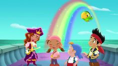 three children are standing in front of the ocean with a rainbow and fish flying above them